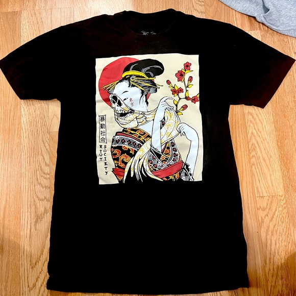 Black Japanese Skull Riot Society T-Shirt - Picture 1 of 2
